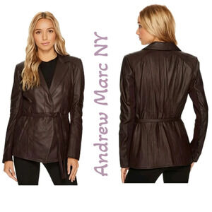 Andrew Marc Leather Jacket Womens Sz S Burgundy Butter Soft Tie & Button